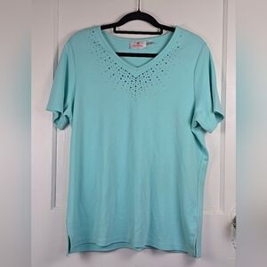 Quacker Factory Aqua Sparkle Knit Top L